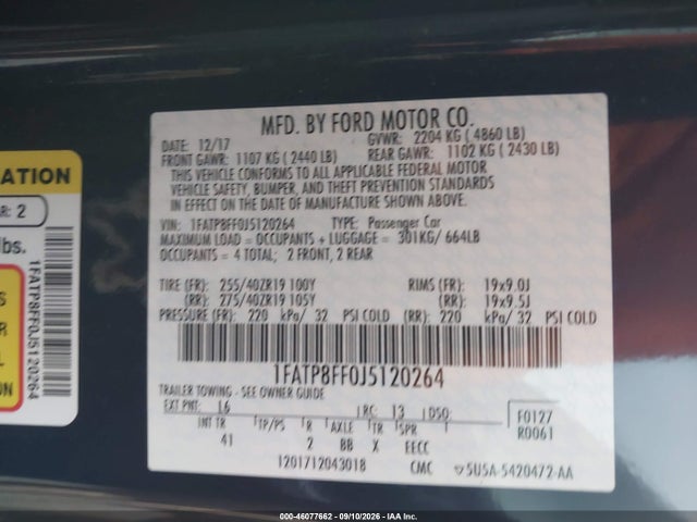 2018 Ford Mustang Gt Premium მანქანა იყიდება აუქციონზე, vin: 1FATP8FF0J5120264, აუქციონის ნომერი: 46077662