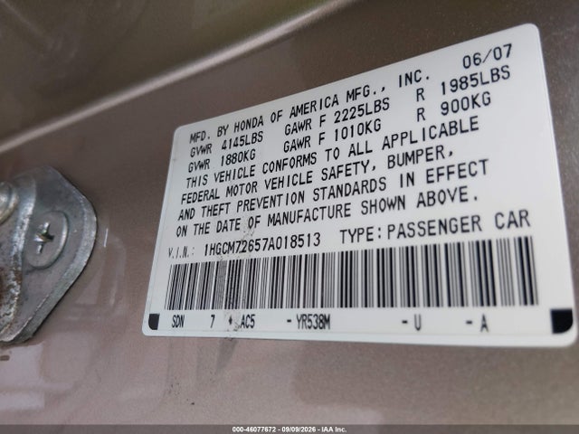 Продаж на аукціоні авто 2007 Honda Accord 2.4 Ex, vin: 1HGCM72657A018513, номер лоту: 46077672