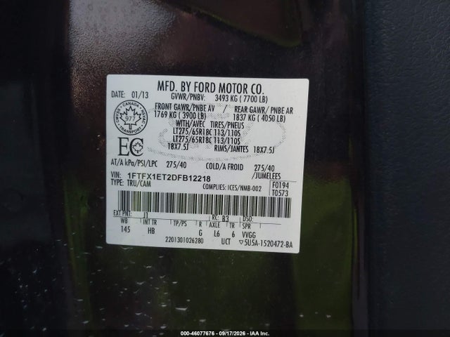 2013 Ford F-150 Lariat მანქანა იყიდება აუქციონზე, vin: 1FTFX1ET2DFB12218, აუქციონის ნომერი: 46077676