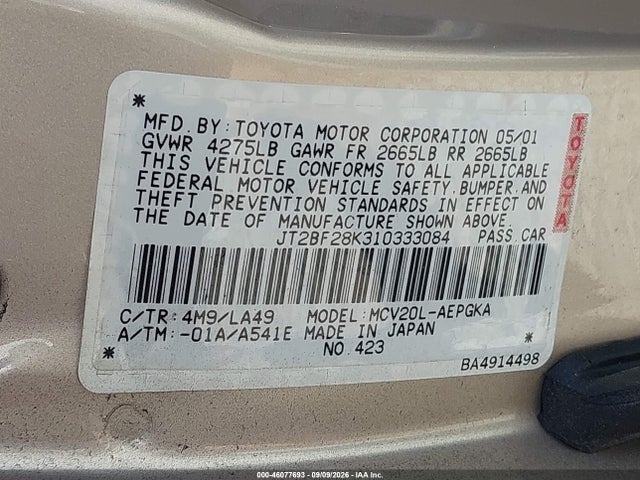Aukcja sprzedaży 2001 Toyota Camry Xle V6, vin: JT2BF28K310333084, numer aukcji: 46077693