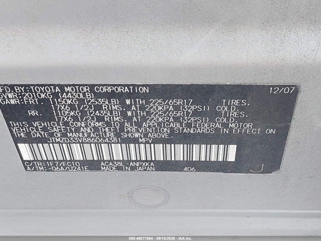 46077694 :رقم المزاد ، JTMZD33V886064381 vin ، 2008 Toyota Rav4 مزاد بيع