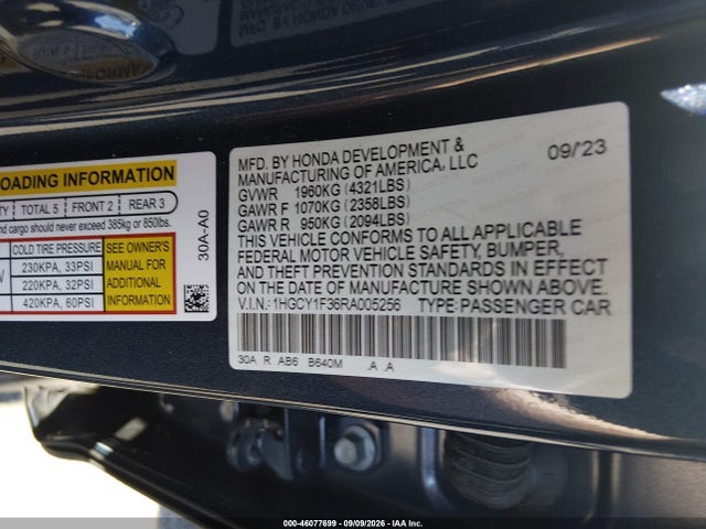 2024 Honda Accord Ex მანქანა იყიდება აუქციონზე, vin: 1HGCY1F36RA005256, აუქციონის ნომერი: 46077699