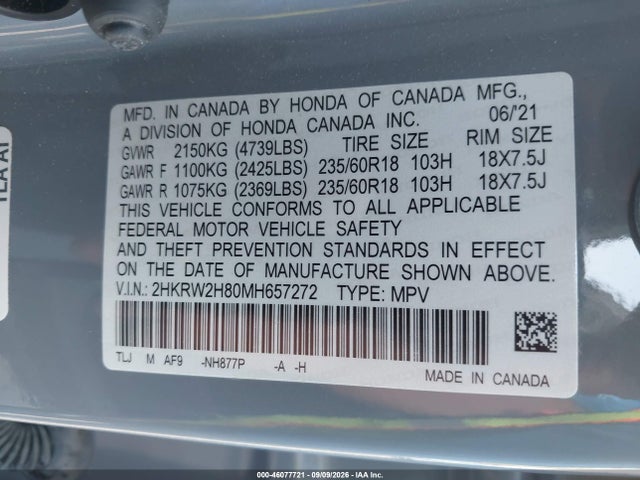 46077721 :رقم المزاد ، 2HKRW2H80MH657272 vin ، 2021 Honda Cr-v Awd Ex-l مزاد بيع