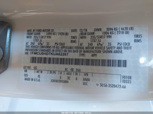 Aukcja sprzedaży 2019 Ford Escape Sel, vin: 1FMCU0HD7KUA62267, numer aukcji: 46077738