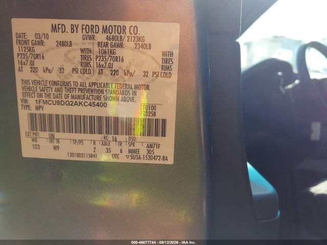 Продажа на аукционе авто 2010 Ford Escape Xlt, vin: 1FMCU9DG2AKC45400, номер лота: 46077744