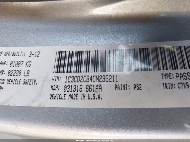 46077749 :رقم المزاد ، 1C3CDZCB4CN235211 vin ، 2012 Dodge Avenger Sxt مزاد بيع