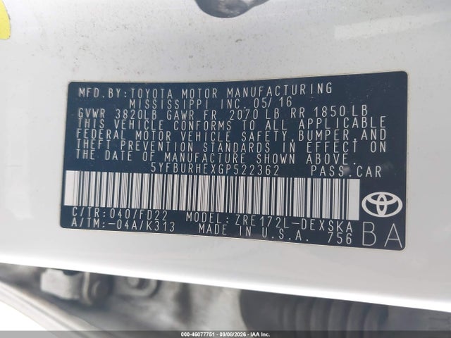5YFBURHEXGP522362 Toyota Corolla S Plus