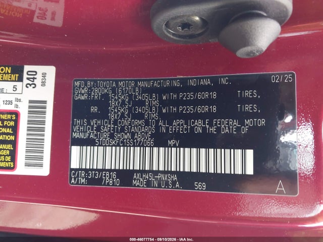 46077754 :رقم المزاد ، 5TDDSKFC1SS177066 vin ، 2025 Toyota Sienna Xse مزاد بيع