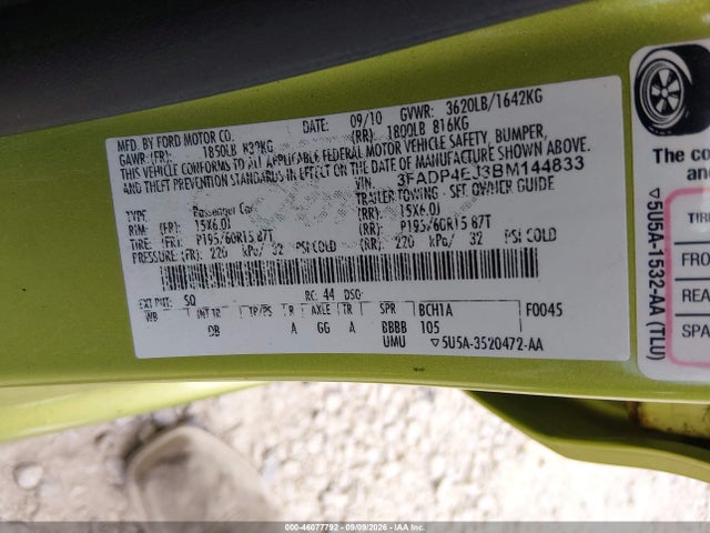 46077792 :رقم المزاد ، 3FADP4EJ3BM144833 vin ، 2011 Ford Fiesta Se مزاد بيع