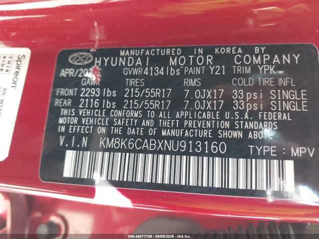 46077799 :رقم المزاد ، KM8K6CABXNU913160 vin ، 2022 Hyundai Kona Sel مزاد بيع