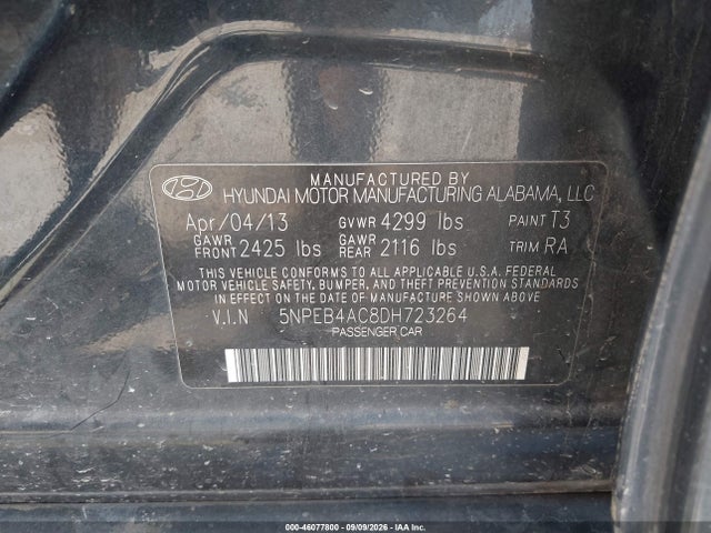Aukcja sprzedaży 2013 Hyundai Sonata Gls, vin: 5NPEB4AC8DH723264, numer aukcji: 46077800