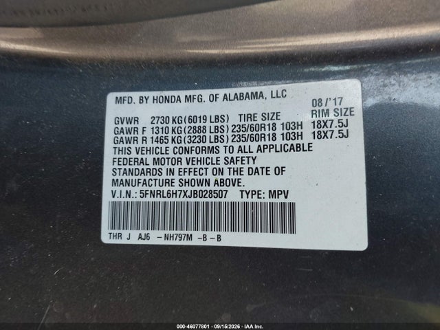 Aukcja sprzedaży 2018 Honda Odyssey Ex-l, vin: 5FNRL6H7XJB028507, numer aukcji: 46077801