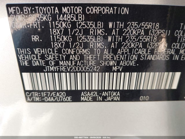 46077804 :رقم المزاد ، JTMYFREV2DD005242 vin ، 2013 Toyota Rav4 Limited مزاد بيع