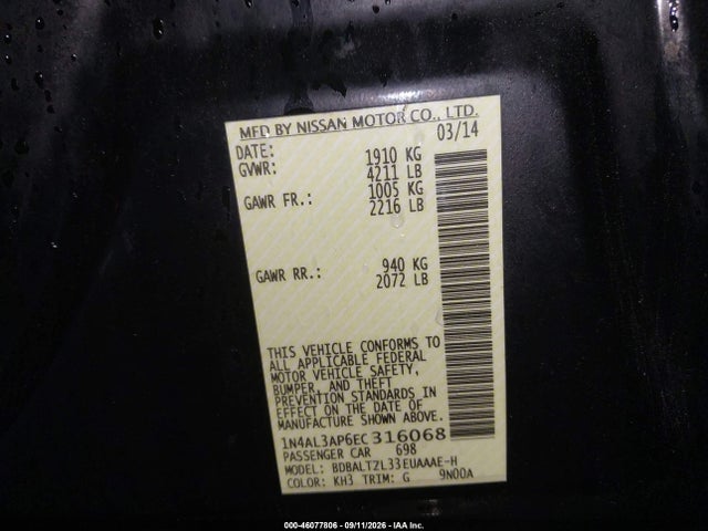 46077806 :رقم المزاد ، 1N4AL3AP6EC316068 vin ، 2014 Nissan Altima 2.5 Sv مزاد بيع