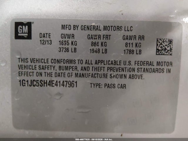 2014 Chevrolet Sonic Lt Auto მანქანა იყიდება აუქციონზე, vin: 1G1JC5SH4E4147961, აუქციონის ნომერი: 46077825