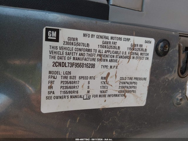 46077842 :رقم المزاد ، 2CNDL73F956016208 vin ، 2005 Chevrolet Equinox Lt مزاد بيع
