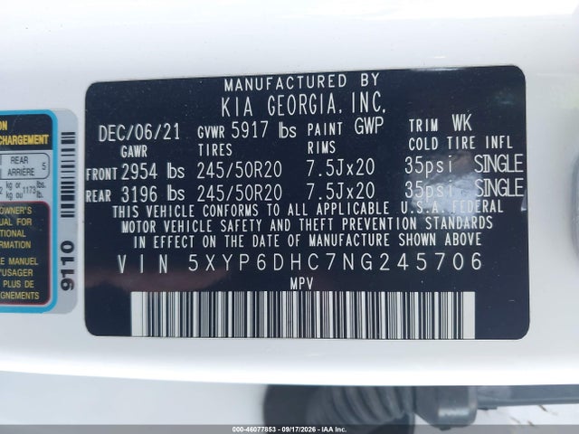 2022 Kia Telluride S მანქანა იყიდება აუქციონზე, vin: 5XYP6DHC7NG245706, აუქციონის ნომერი: 46077853
