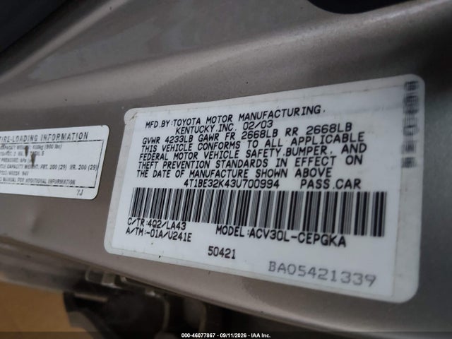 46077867 :رقم المزاد ، 4T1BE32K43U700994 vin ، 2003 Toyota Camry Xle مزاد بيع