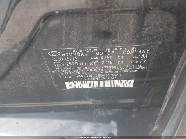 46077870 :رقم المزاد ، KMHFH4JG6DA198889 vin ، 2013 Hyundai Azera مزاد بيع