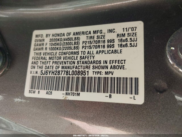 Aukcja sprzedaży 2008 Honda Element Ex, vin: 5J6YH28778L008951, numer aukcji: 46077871