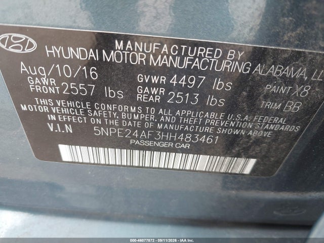 Aukcja sprzedaży 2017 Hyundai Sonata Se, vin: 5NPE24AF3HH483461, numer aukcji: 46077872