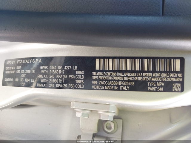 Продажа на аукционе авто 2017 Jeep Renegade Latitude Fwd, vin: ZACCJABB9HPG25758, номер лота: 46077878