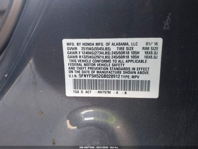 2016 Honda Pilot Ex-l მანქანა იყიდება აუქციონზე, vin: 5FNYF5H52GB028912, აუქციონის ნომერი: 46077886