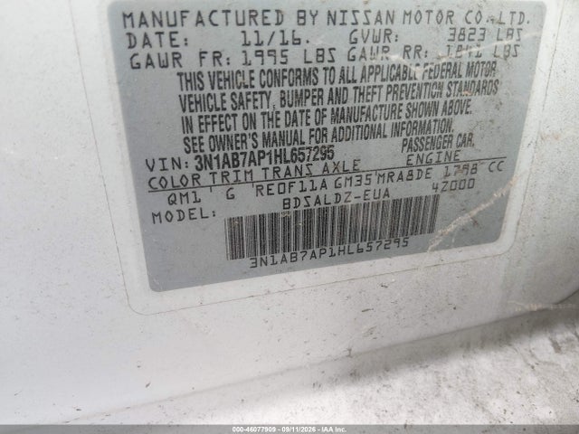 2017 Nissan Sentra Sv მანქანა იყიდება აუქციონზე, vin: 3N1AB7AP1HL657295, აუქციონის ნომერი: 46077909