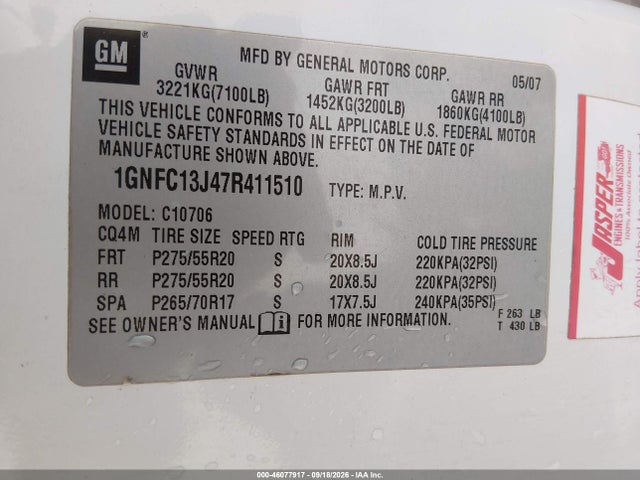 Продаж на аукціоні авто 2007 Chevrolet Tahoe Lt, vin: 1GNFC13J47R411510, номер лоту: 46077917
