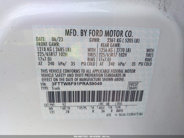 Aukcja sprzedaży 2023 Ford Maverick Xlt, vin: 3FTTW8F91PRA59049, numer aukcji: 46077922
