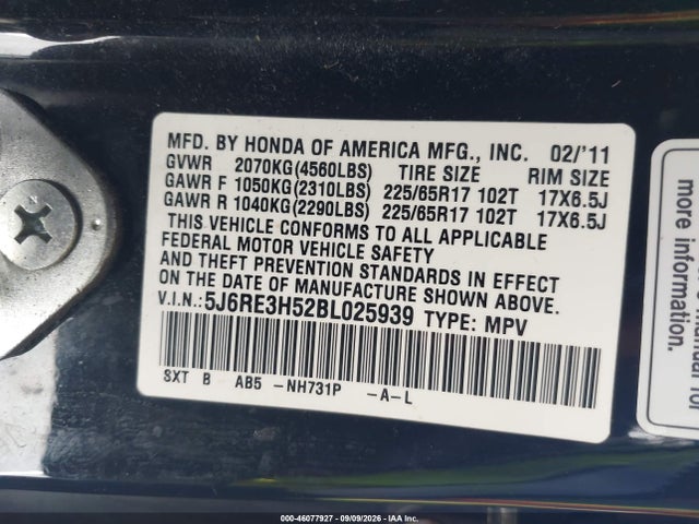 46077927 :رقم المزاد ، 5J6RE3H52BL025939 vin ، 2011 Honda Cr-v Ex مزاد بيع
