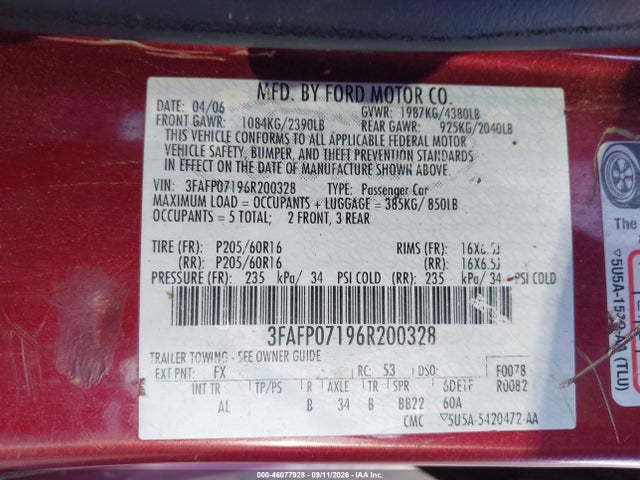Aukcja sprzedaży 2006 Ford Fusion Se, vin: 3FAFP07196R200328, numer aukcji: 46077928