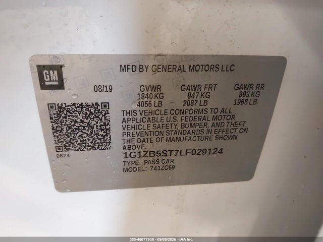 46077938 :رقم المزاد ، 1G1ZB5ST7LF029124 vin ، 2020 Chevrolet Malibu Fwd Ls مزاد بيع