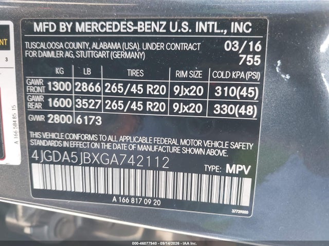 Aukcja sprzedaży 2016 Mercedes-benz Gle 350, vin: 4JGDA5JBXGA742112, numer aukcji: 46077940