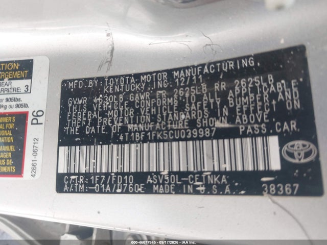 Aukcja sprzedaży 2012 Toyota Camry Le, vin: 4T1BF1FK5CU039987, numer aukcji: 46077945