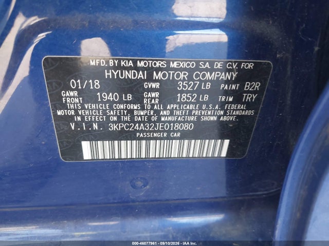 Продажа на аукционе авто 2018 Hyundai Accent Se, vin: 3KPC24A32JE018080, номер лота: 46077961