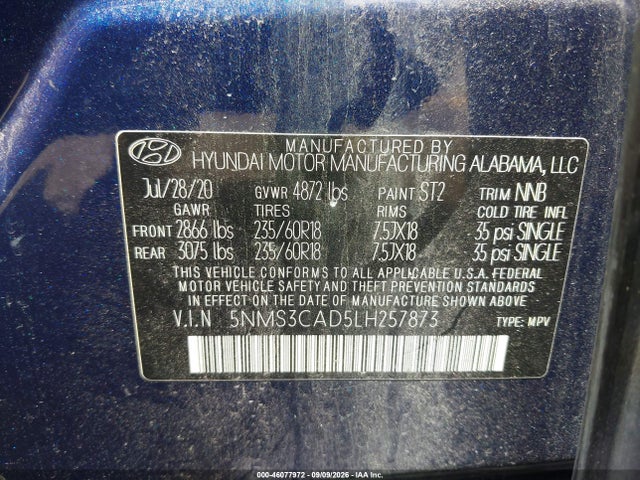 Aukcja sprzedaży 2020 Hyundai Santa Fe Sel, vin: 5NMS3CAD5LH257873, numer aukcji: 46077972