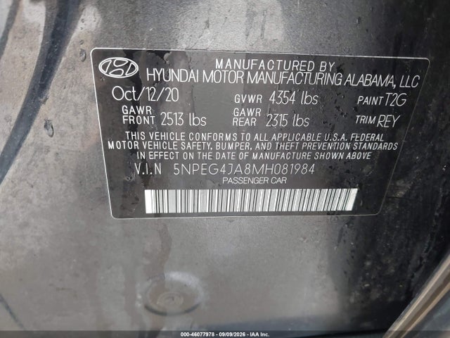Aukcja sprzedaży 2021 Hyundai Sonata Se, vin: 5NPEG4JA8MH081984, numer aukcji: 46077978