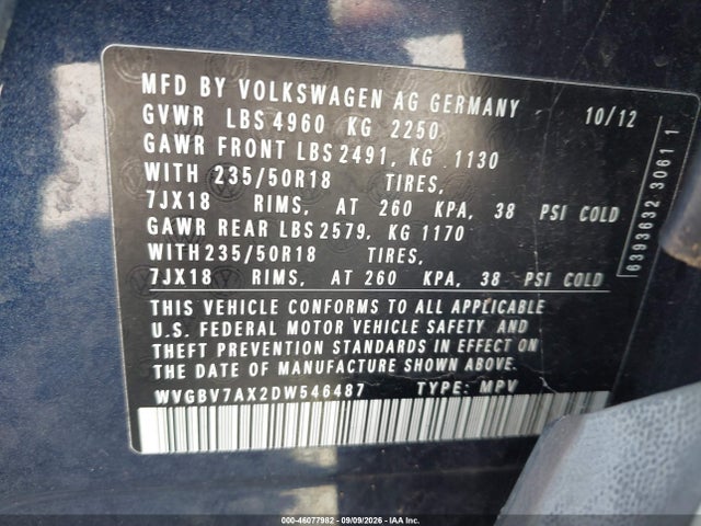 46077982 :رقم المزاد ، WVGBV7AX2DW546487 vin ، 2013 Volkswagen Tiguan Se مزاد بيع