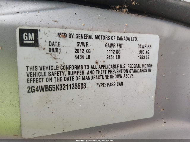 Aukcja sprzedaży 2002 Buick Regal Ls, vin: 2G4WB55K321135603, numer aukcji: 46078005