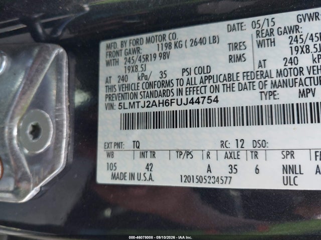 Aukcja sprzedaży 2015 Lincoln Mkc, vin: 5LMTJ2AH6FUJ44754, numer aukcji: 46078008