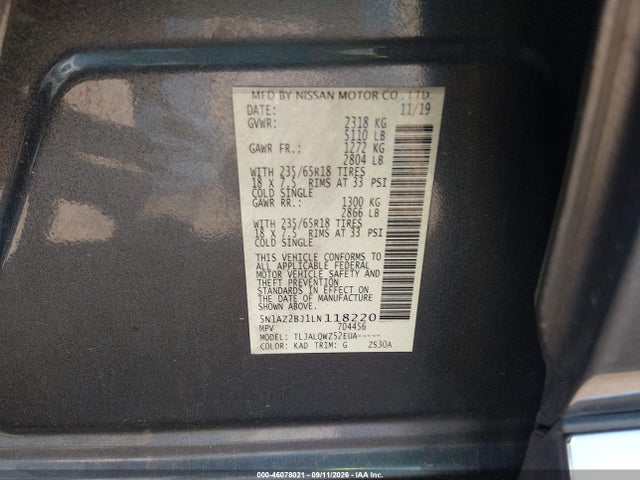 46078021 :رقم المزاد ، 5N1AZ2BJ1LN118220 vin ، 2020 Nissan Murano Sv Fwd مزاد بيع