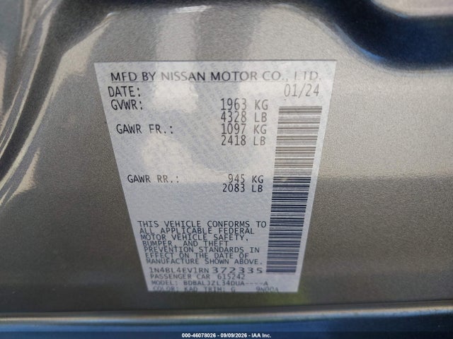 Aukcja sprzedaży 2024 Nissan Altima Sl Fwd, vin: 1N4BL4EV1RN372335, numer aukcji: 46078026