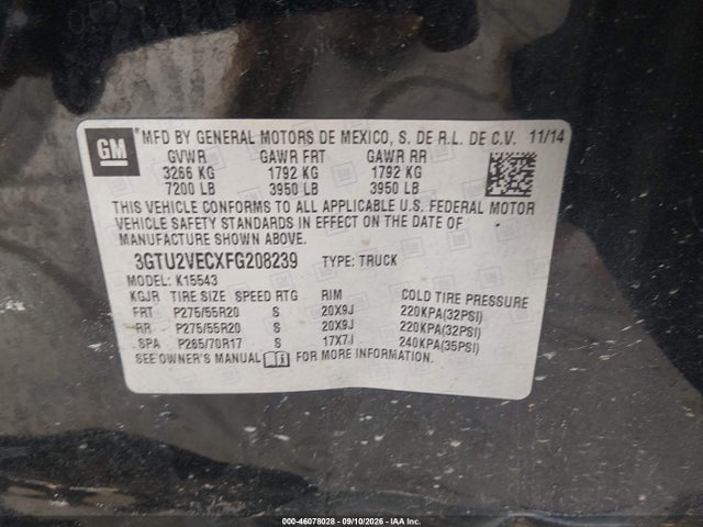 Aukcja sprzedaży 2015 Gmc Sierra 1500 Slt, vin: 3GTU2VECXFG208239, numer aukcji: 46078028