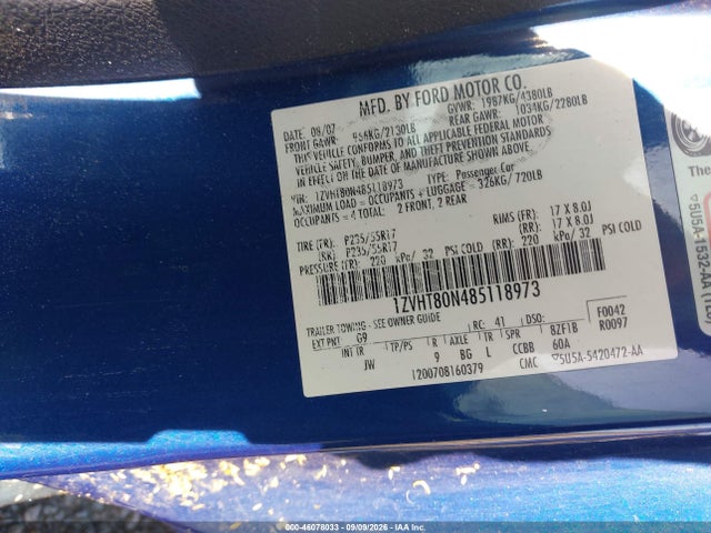 2008 Ford Mustang V6 Deluxe/v6 Premium მანქანა იყიდება აუქციონზე, vin: 1ZVHT80N485118973, აუქციონის ნომერი: 46078033