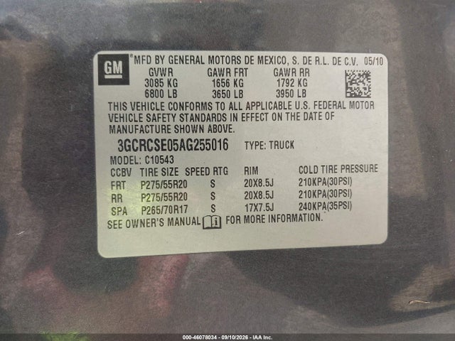 2010 Chevrolet Silverado 1500 Lt მანქანა იყიდება აუქციონზე, vin: 3GCRCSE05AG255016, აუქციონის ნომერი: 46078034