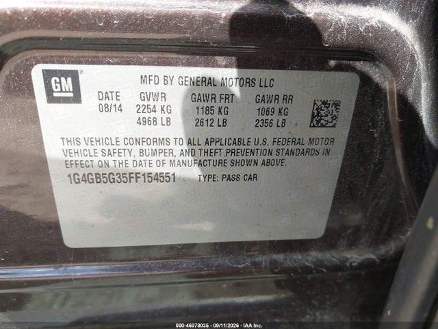 46078035 :رقم المزاد ، 1G4GB5G35FF154551 vin ، 2015 Buick Lacrosse Leather مزاد بيع