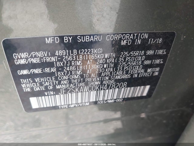 Продажа на аукционе авто 2019 Subaru Forester Touring, vin: JF2SKAWC0KH478208, номер лота: 46078037