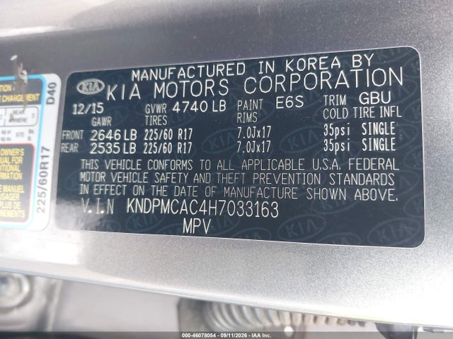 Продажа на аукционе авто 2017 Kia Sportage Lx, vin: KNDPMCAC4H7033163, номер лота: 46078054