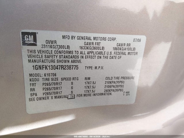 Aukcja sprzedaży 2007 Chevrolet Tahoe Lt, vin: 1GNFK13047R238775, numer aukcji: 46078055